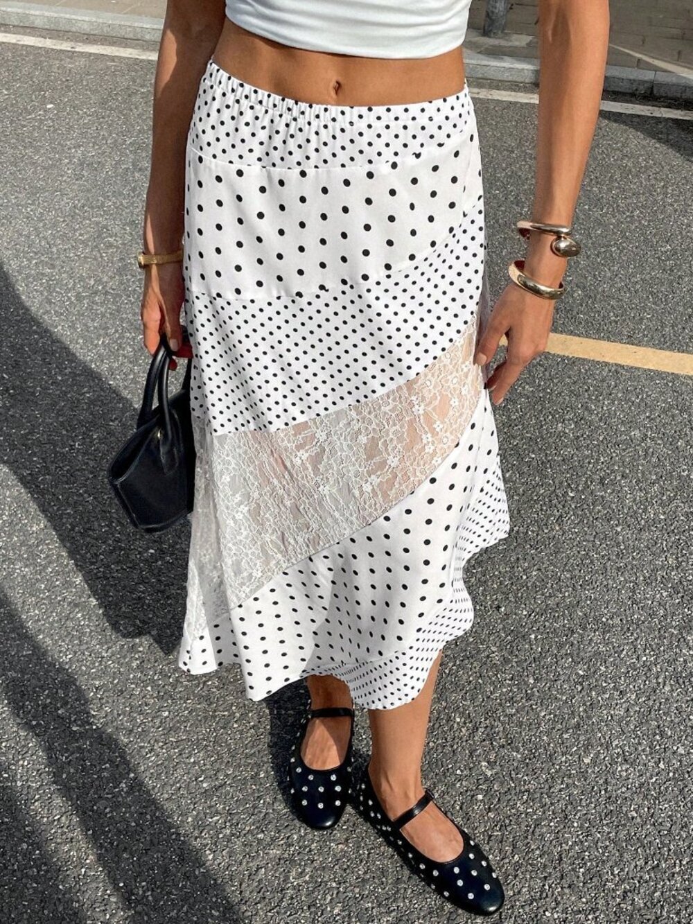 Multicolor Casual Women's Polka Dot Lace Insert Asymmetrical Skirt - Picture 3 of 5